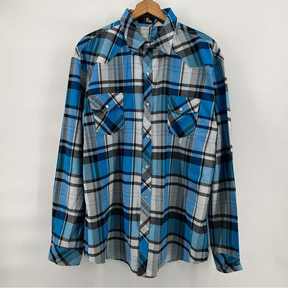 Vigo Pearl Snap Shirt Mens 2XL Blue Black Plaid Western Button Up Cowboy Rodeo
